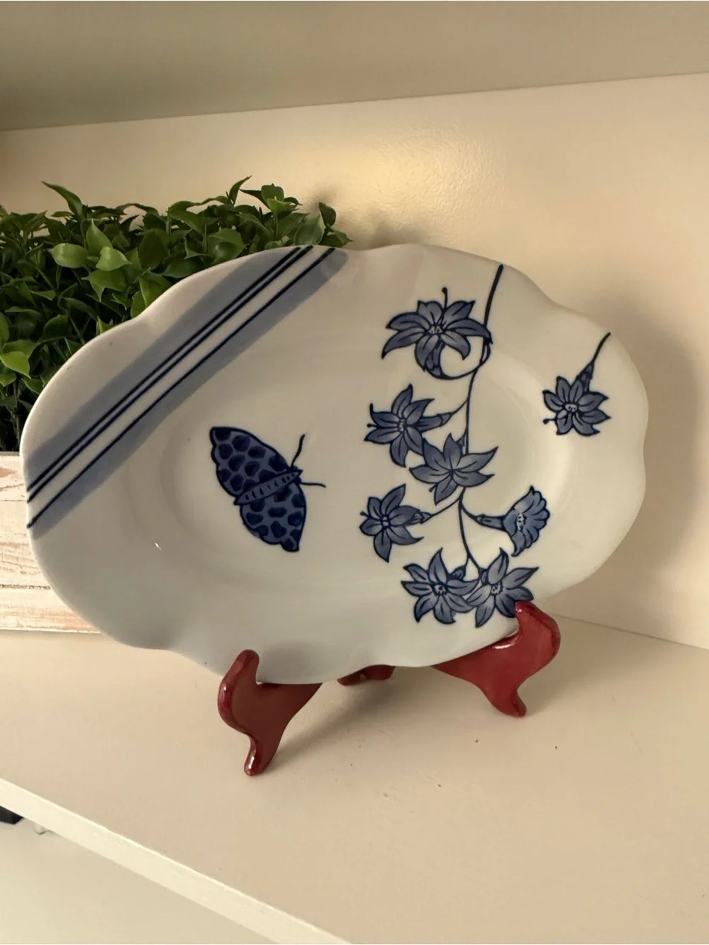 Creative Co-Op Blue & White Botanical Butterfly Oval Serving Platter 12”